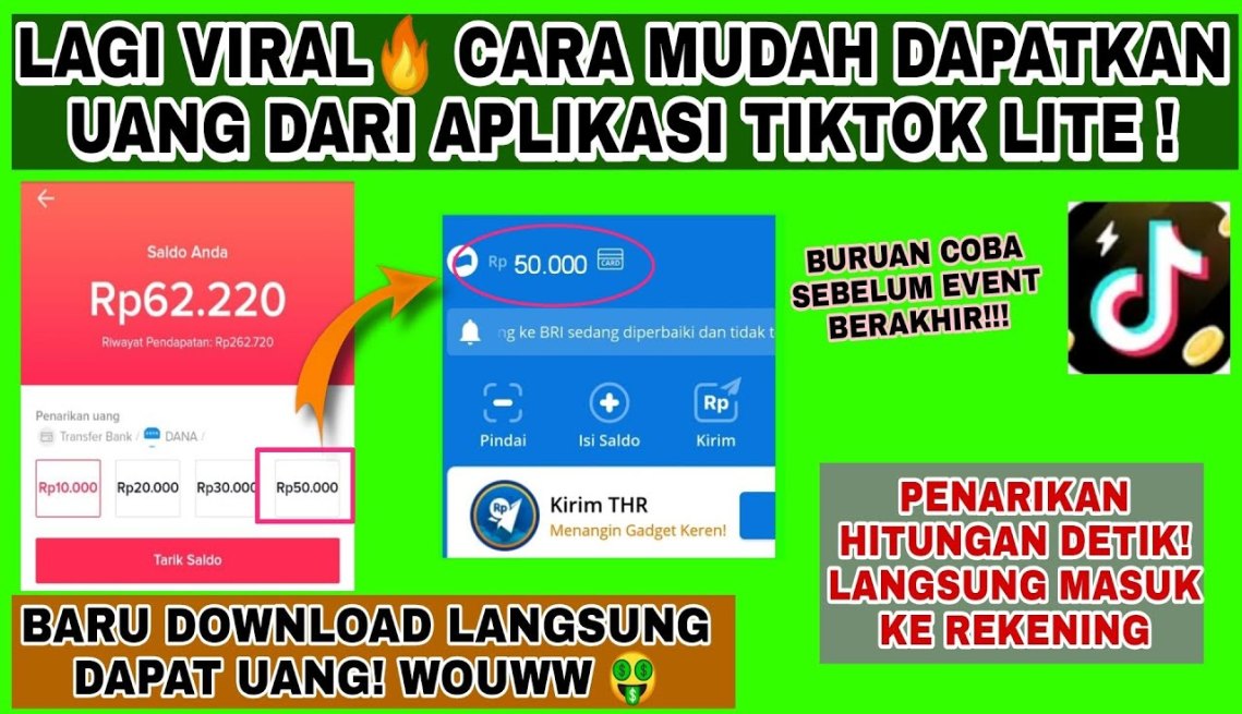 LAGI VIRAL🔥 CARA MUDAH DAPATKAN UANG DARI APLIKASI TIKTOK LITE PENGHASIL  UANG TERBARU